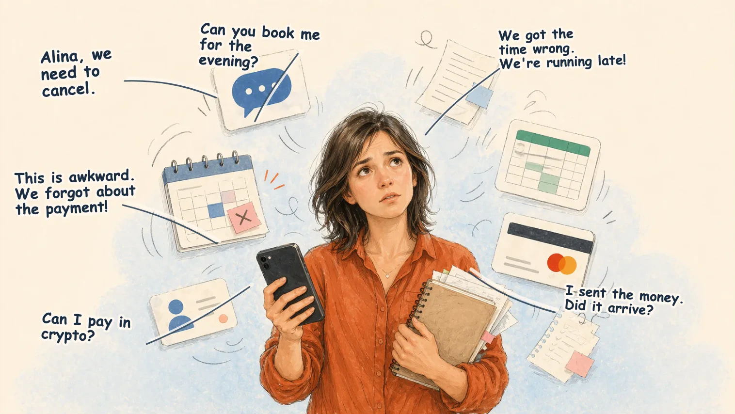 Illustration: a private-practice specialist holds a phone and notebook while client messages, calendars, payments, profile cards, and notes fly around her.