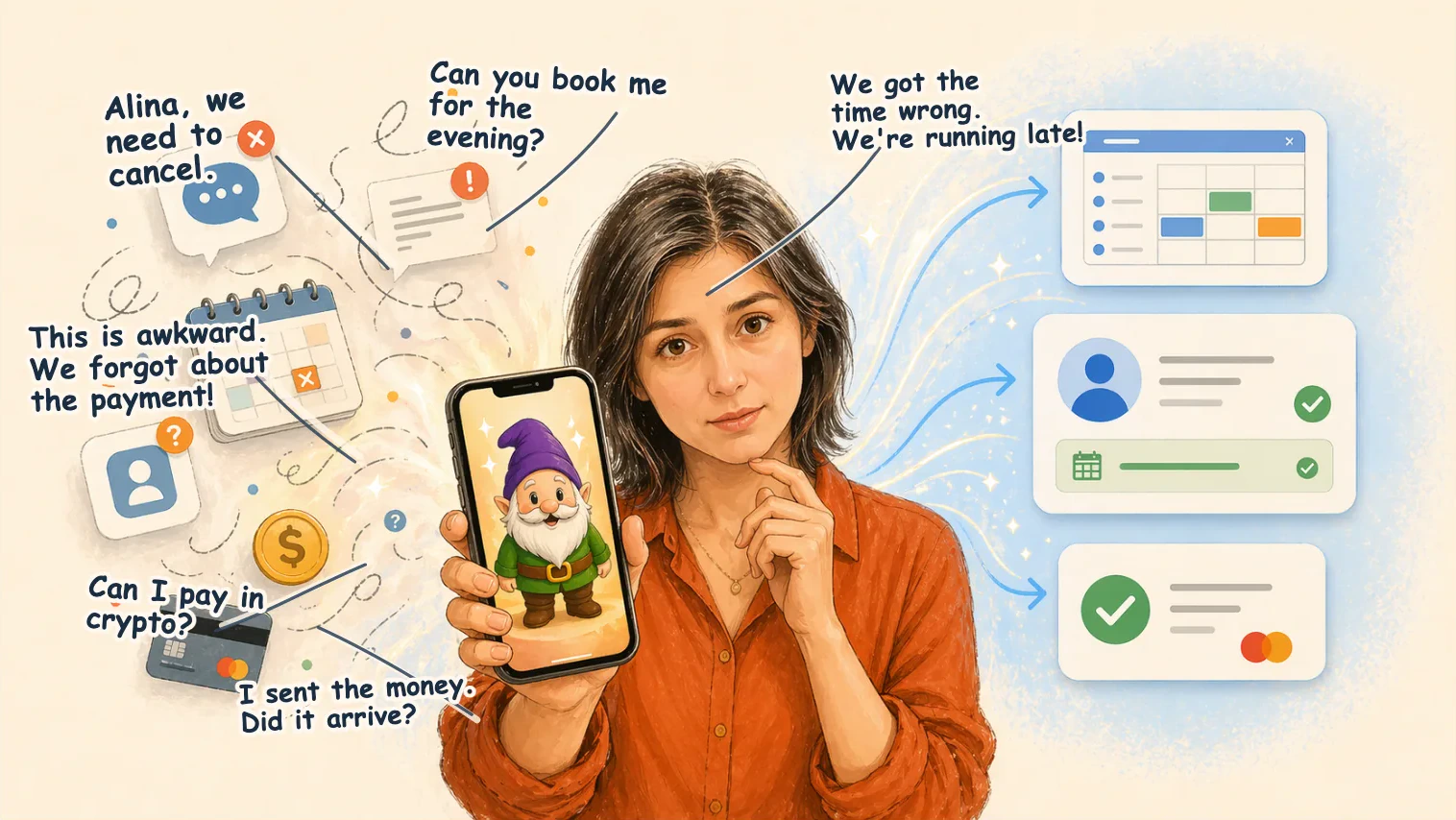 Illustration: a private-practice specialist holds a phone with Gnomik inside it while scattered admin requests return as three ordered cards: schedule under control, confirmed client booking, and payment under control.