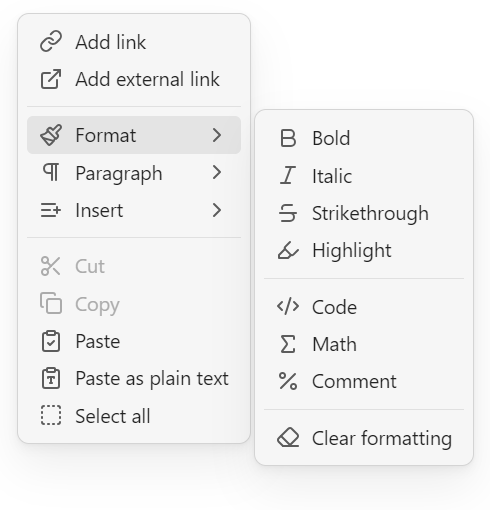 Скриншот контекстного меню в приложении Обсидиан