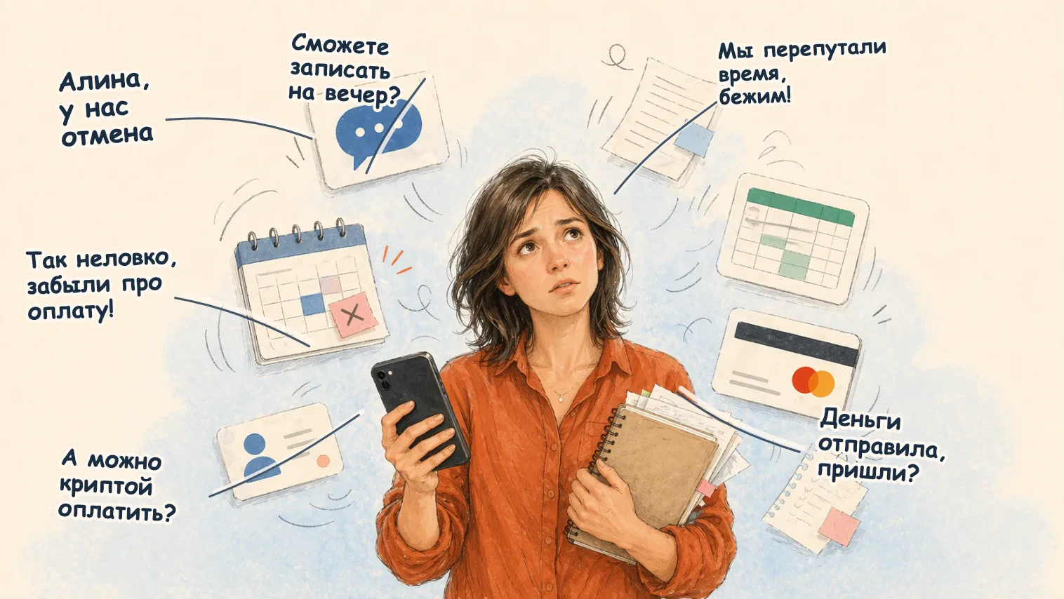 Иллюстрация: специалист частной практики держит телефон и блокнот, а вокруг разлетаются сообщения клиентов, календарь, платежи, карточки и заметки.