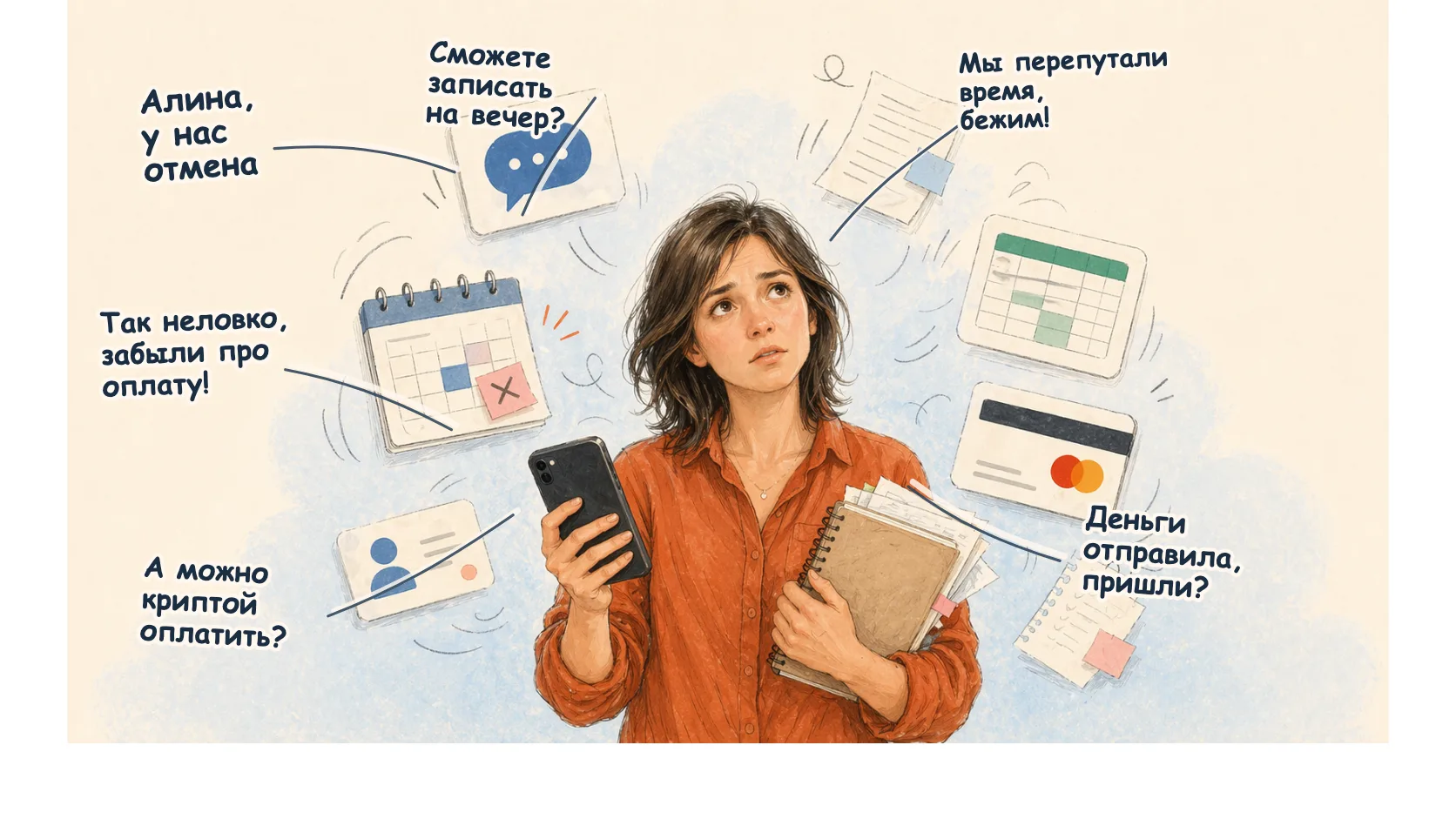 Иллюстрация: специалист частной практики держит телефон и блокнот, а вокруг разлетаются сообщения клиентов, календарь, платежи, карточки и заметки.